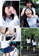 A collage of photos of a girl in a school uniform.