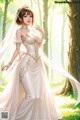 A woman in a wedding dress standing in the woods.