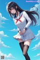 A girl in a school uniform is standing in the sky.